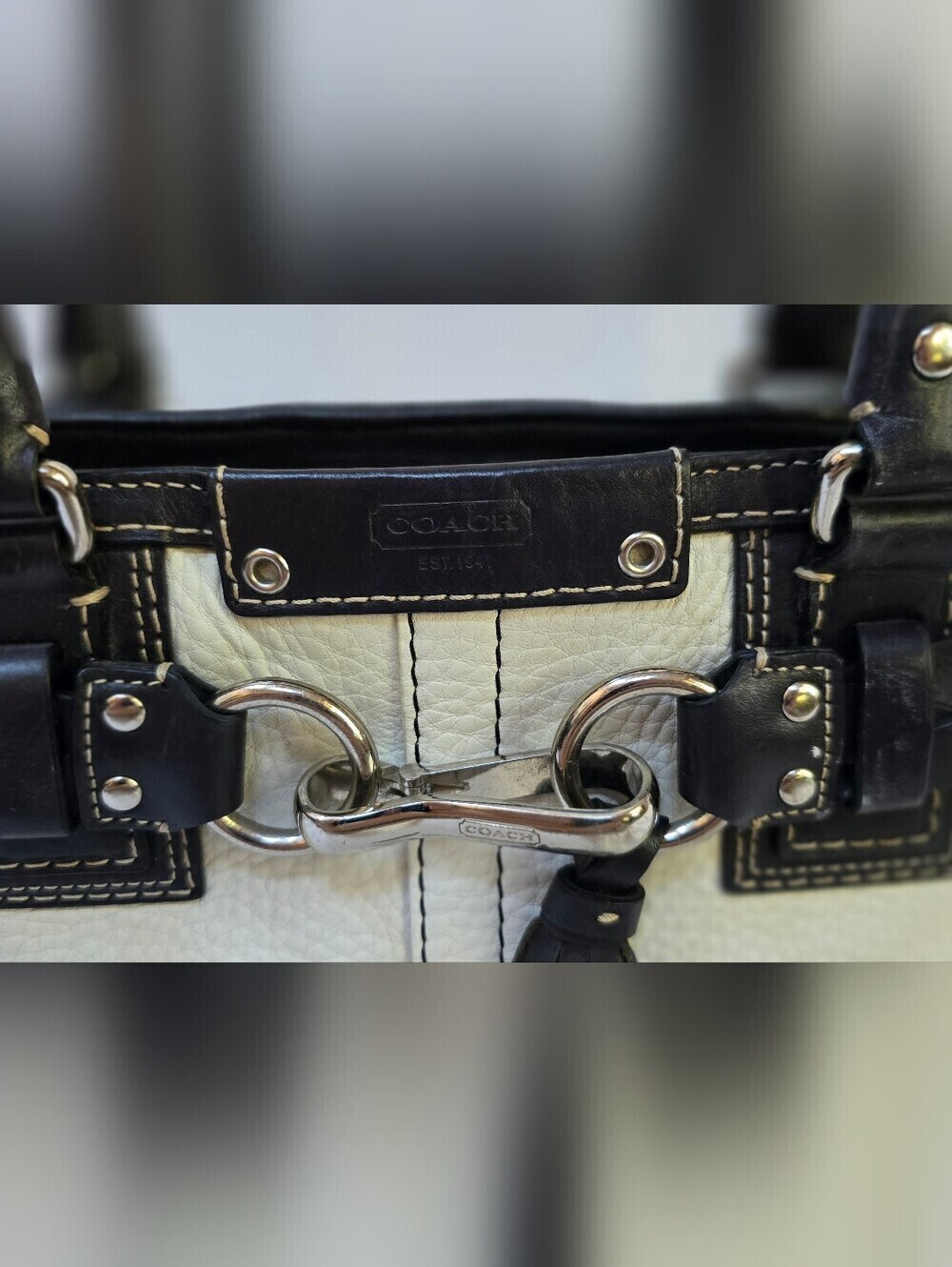 Coach Hamptons F13031 Ivory Black Pebbled Leather Braided Satchel Y2K - Picture 3 of 13
